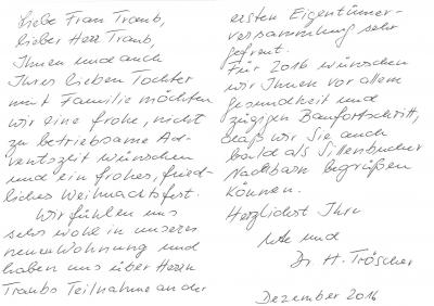 Weihnachtspostkarte im Dezember 2016 von Familie T. Abbildung der handschriftlichen Weihnachtspostkarte 2016 von Frau Ute T.
