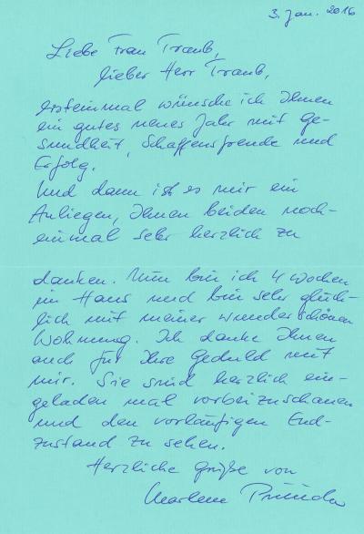 Dankesbrief von Frau Marlene P. vier Wochen nach Einzug in ihr neues Haus. Abbildung des handschriftlichen Briefes von Frau Marlene P.
