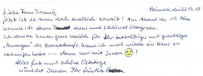 Dankeskarte von Herrn Günther K. nach Hausübergabe 2018 handschriftliche Dankeskarte von Herrn Günther K. nach Hausübergabe 2018